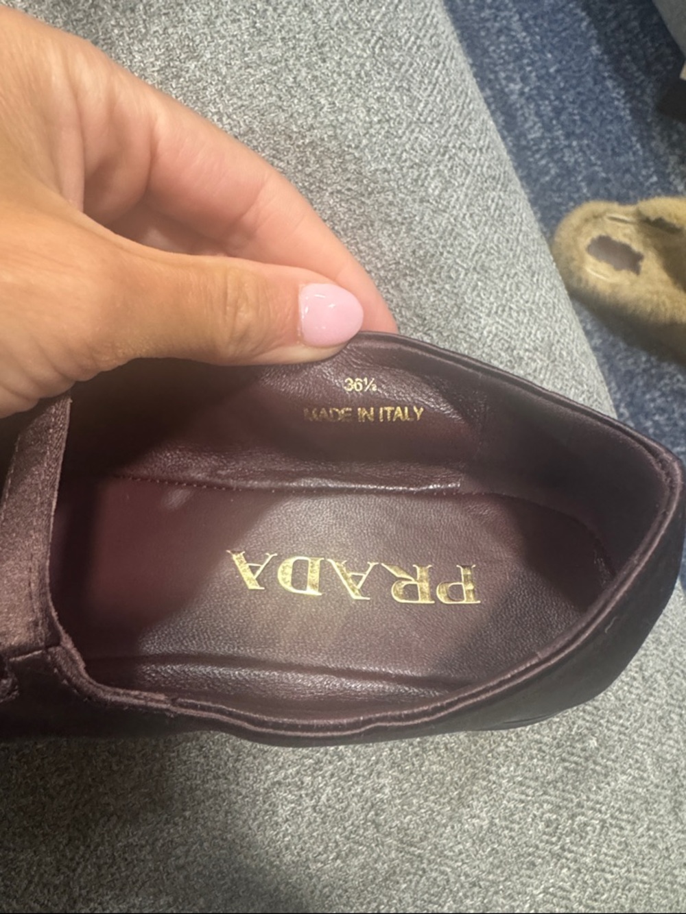 Prada Burgundy Satin Double-Strap Mary Jane Flats Gold Logo 36.5 authentic nib - Picture 11 of 11